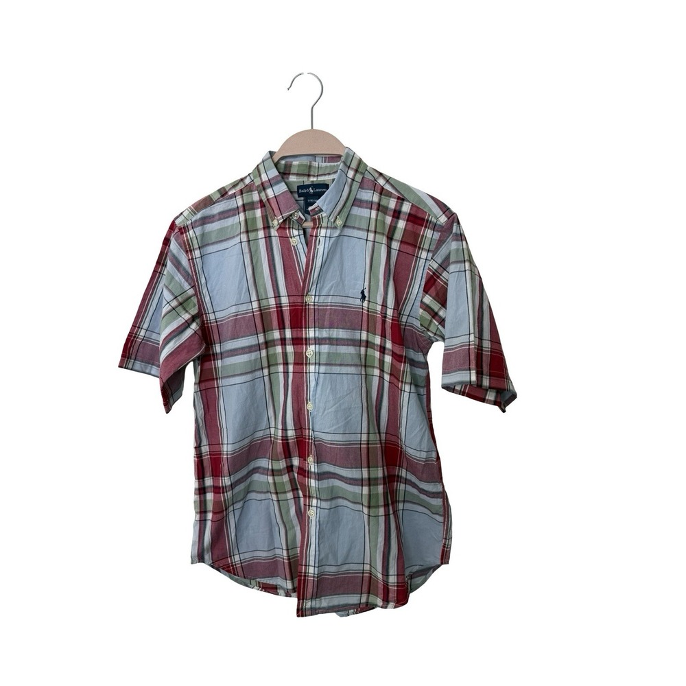 Polo Ralph Lauren Boys Large 16-18 Short Sleeve  Plaid Button Shirt EUC